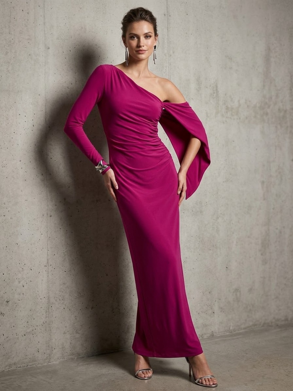 Donna Karan One-Shoulder Fuchsia Evening Gown
